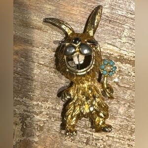 Gold Rabbit Brooch with Turquoise Accents